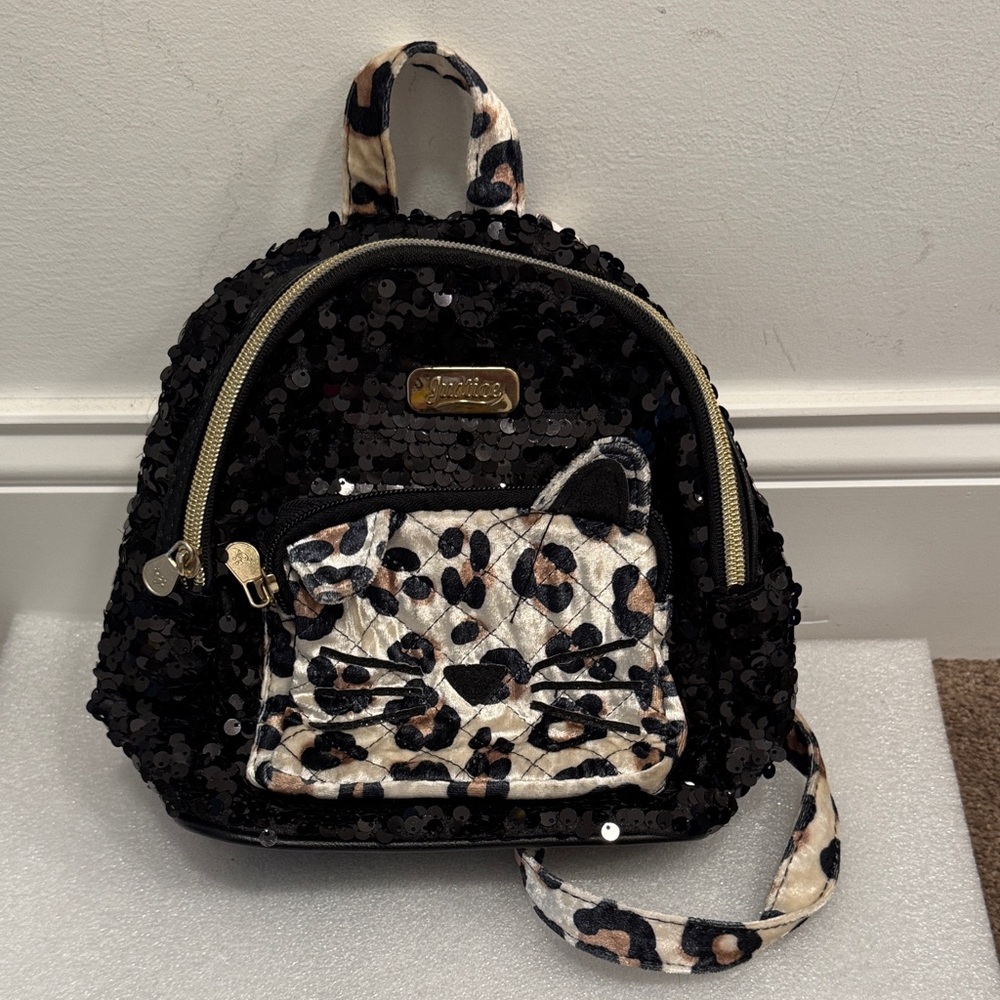 Justice black sequin mini  backpack with animal print cat design